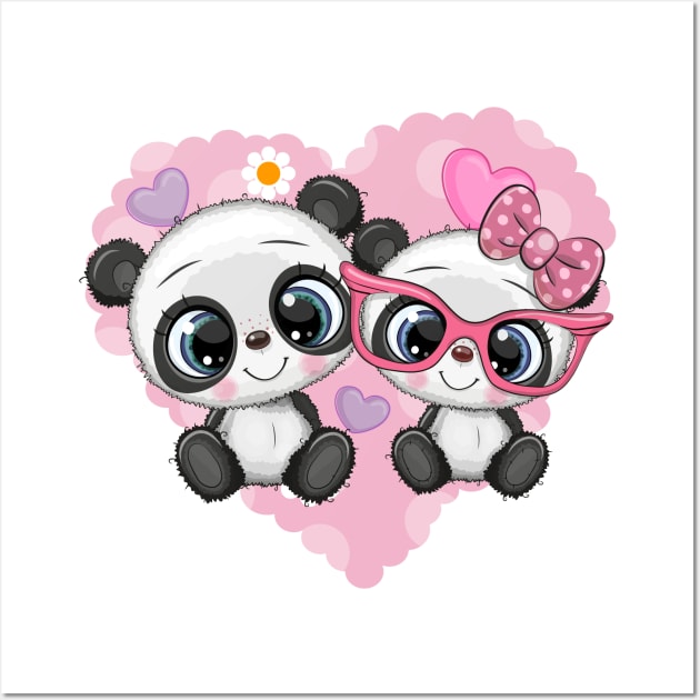 Two cute pandas on a heart background. Wall Art by Reginast777